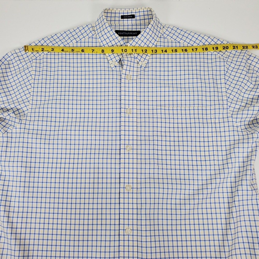 HATHAWAY Men's Size Large Non-Iron Yellow Blue Check Button Down *Read* - Picture 7 of 12